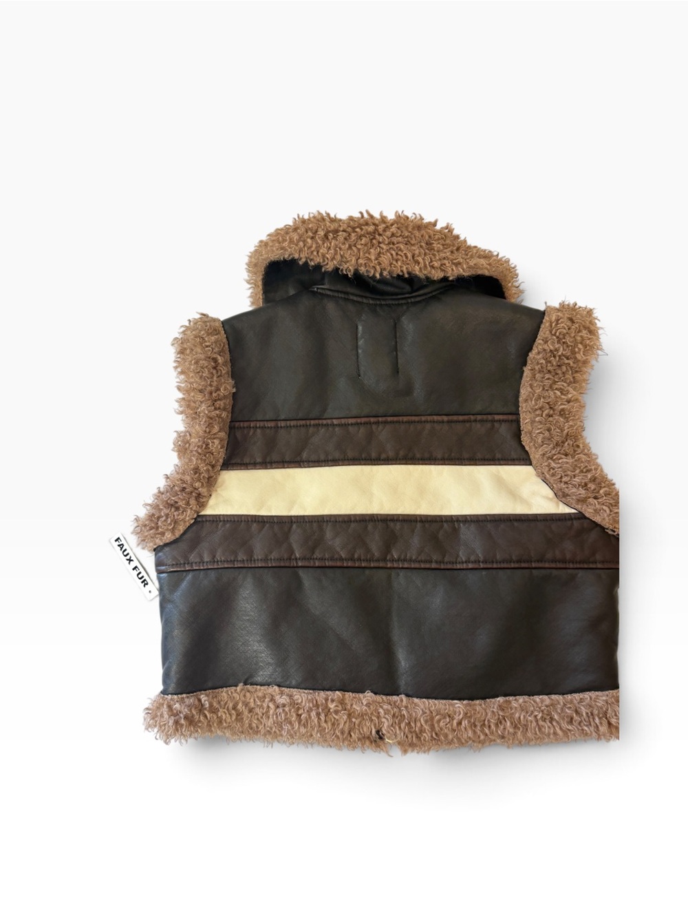 Brown Faux Shearling Trim Zip Vest with Cream Stripe - Picture 7 of 7